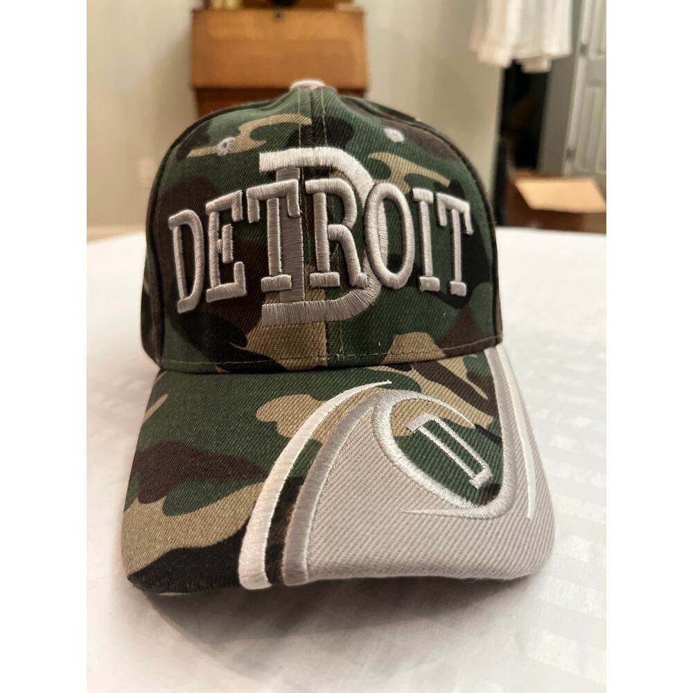 Detroit Camo Hat 3D‎ Embroidered Silver Logo Baseball Cap Adjustable Strapback